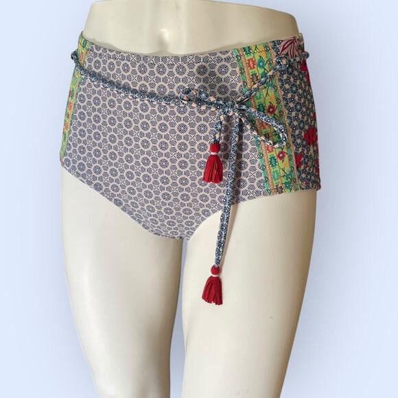 JOHNNY WAS WOMENS BAY BLUE Print HIGH WAIST BIKINI Bottoms SZ S 2 4 $120 NWOT - Picture 1 of 13